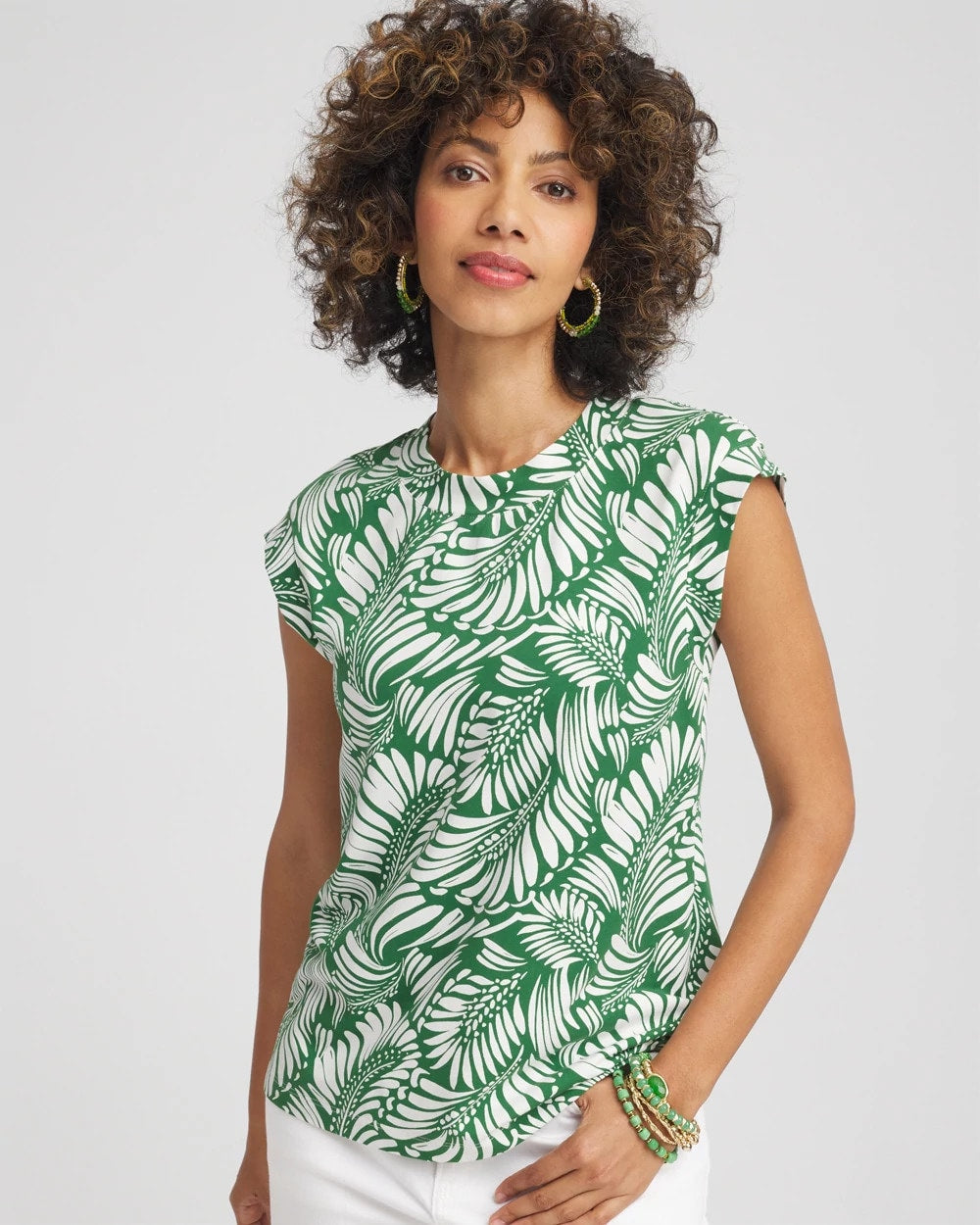 Chico's - Palm-Frond-Print Cap-Sleeve Top