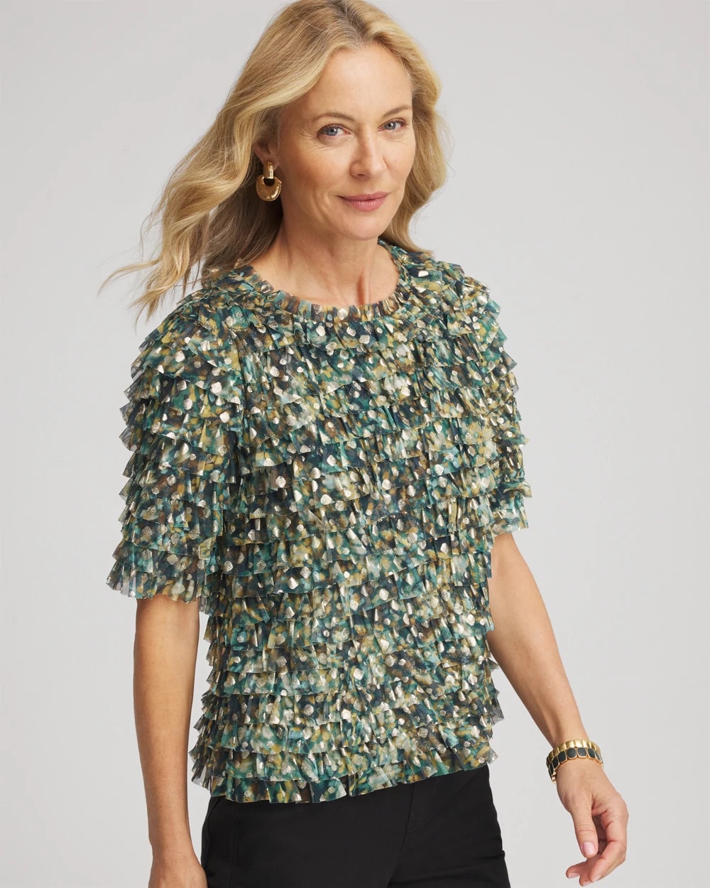 Chico's - Foiled Mesh Ruffle Crop Tee