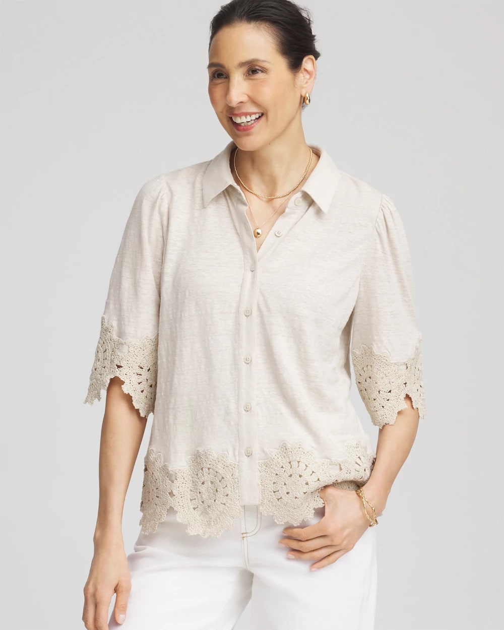 Chico's - Crochet Trim Linen Shirt