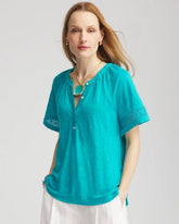Chico's - Linen Lace-Cutwork Sleeve Henley Tee