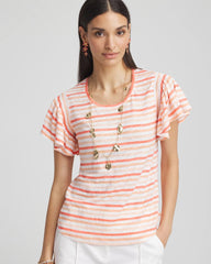 Chico's - Striped Linen Smocked Flutter-Sleeved Tee