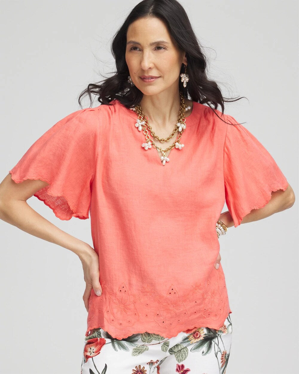 Chico's - Linen Embroidered Hem Blouse