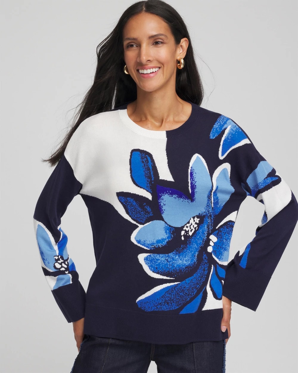 Chico's - Floral Intarsia Crewneck Pullover
