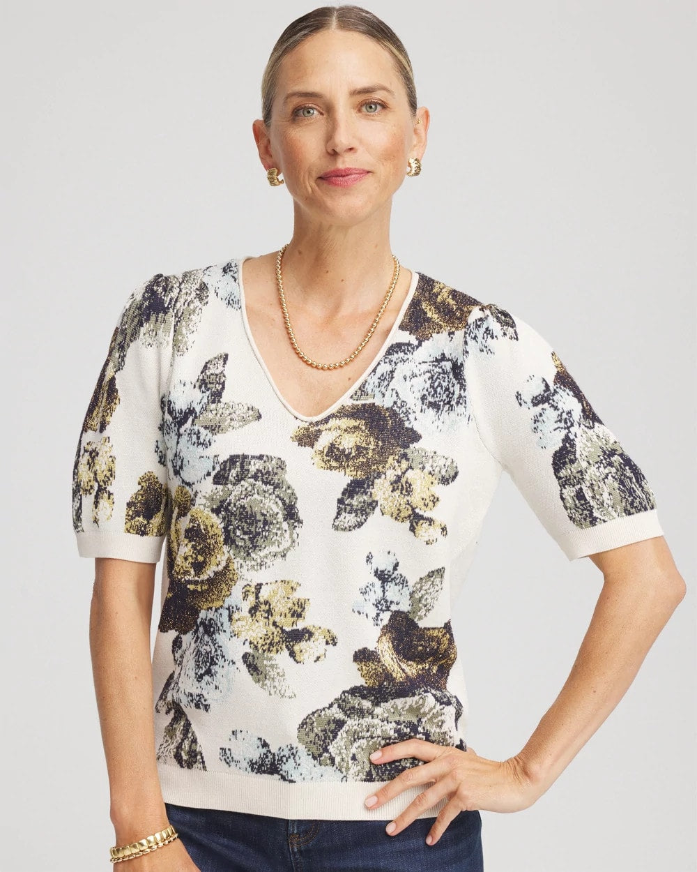 Chico's - Floral V-Neck Sweater Tee