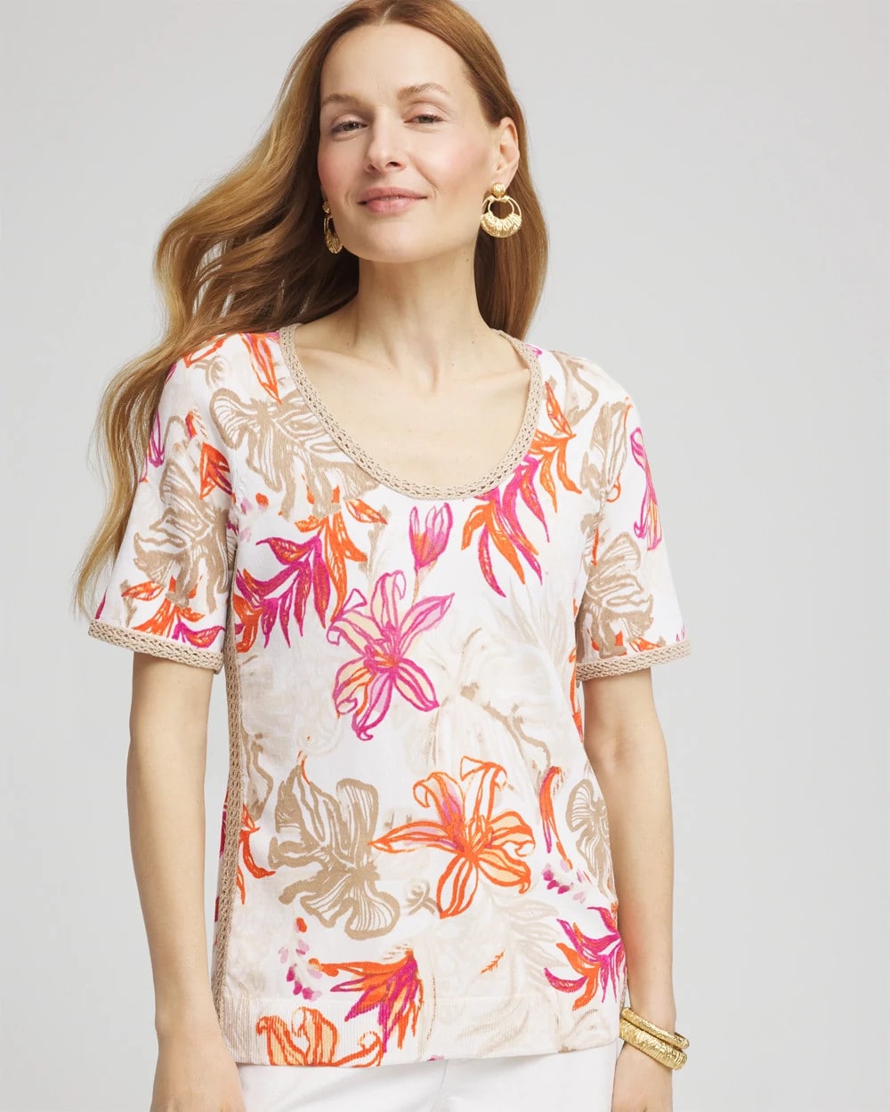 Chico's - Floral Print Crochet-Trim Pullover Sweater