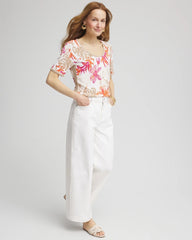 Chico's - Floral Print Crochet-Trim Pullover Sweater