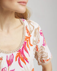 Chico's - Floral Print Crochet-Trim Pullover Sweater