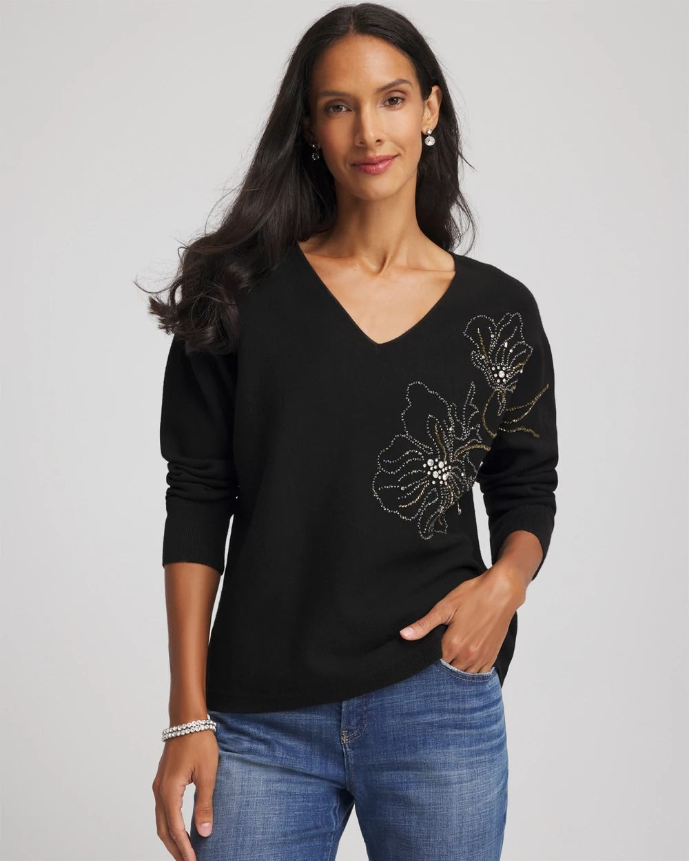 Chico's - Floral Embellished Dolman V-Neck Pullover