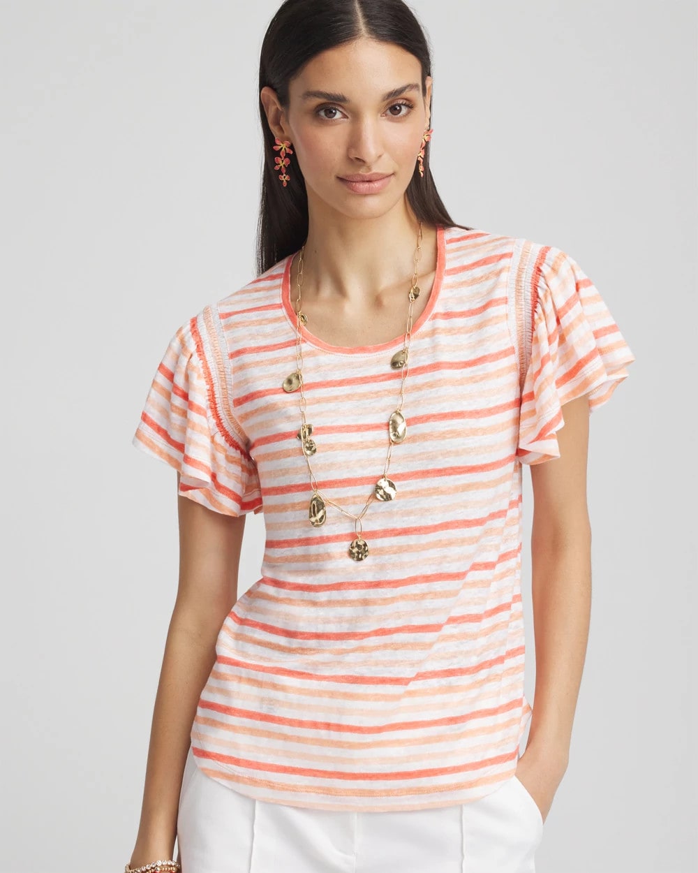 Chico's - Striped Linen Smocked Flutter-Sleeved Tee