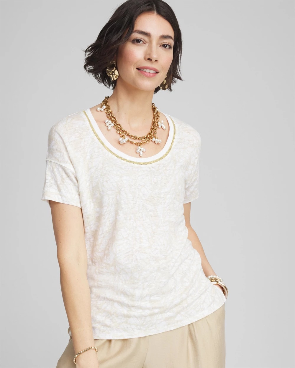 Chico's - Printed Sweater Trim Linen Tee
