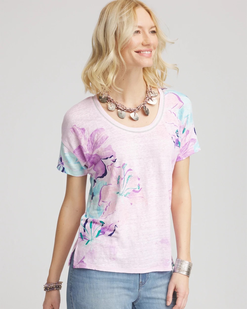 Chico's - Floral Sweater-Trim Linen Tee