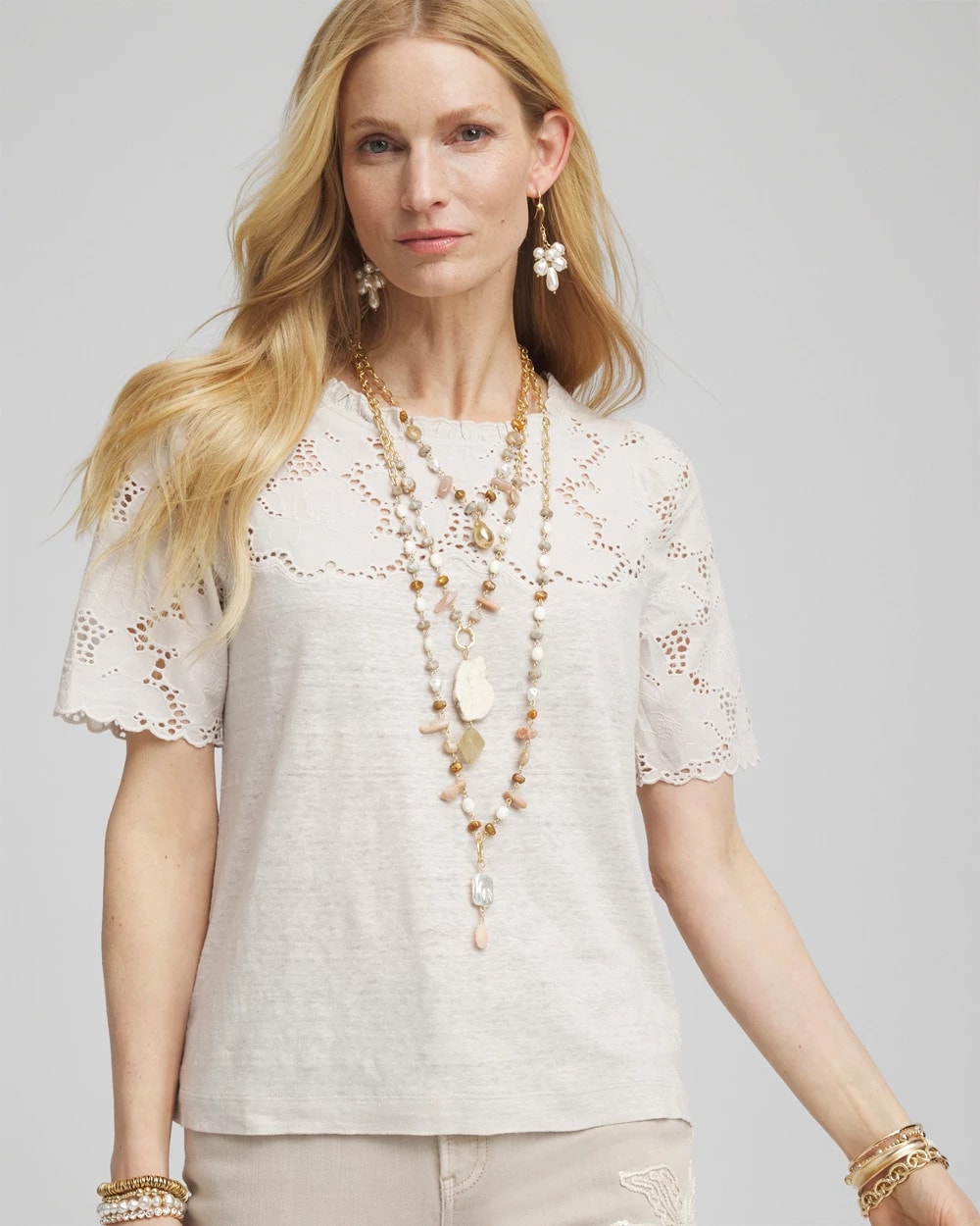 Chico's - Embroidered Lace Linen Tee