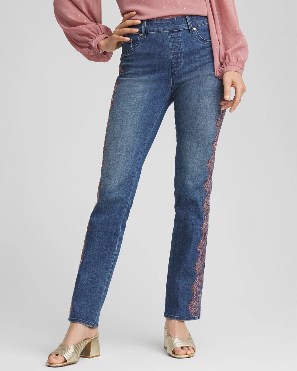 Chico's - Lace Embroidered Pull-On Straight Jeans