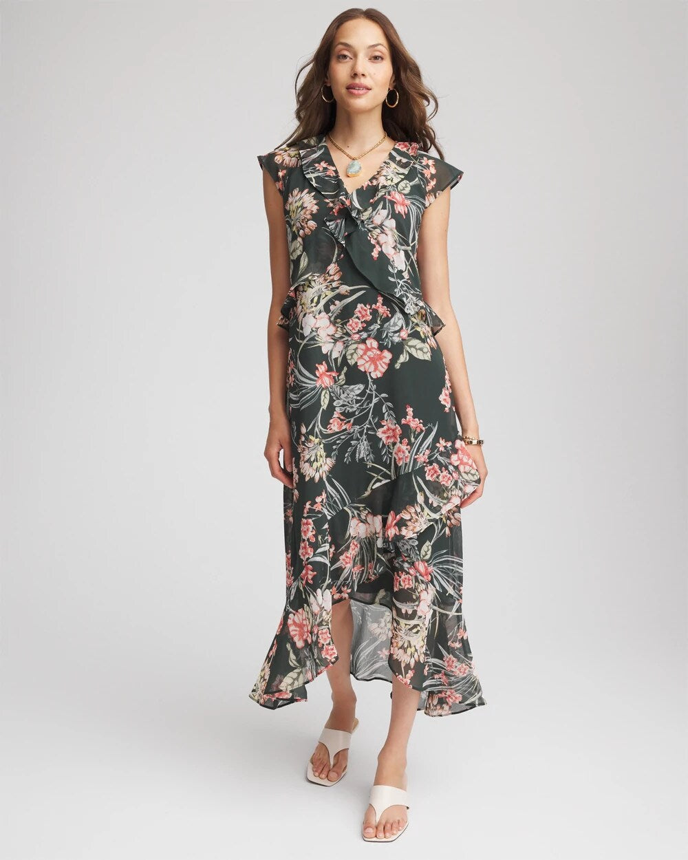 Chico's - Floral Ruffle-Trim Chiffon Dress