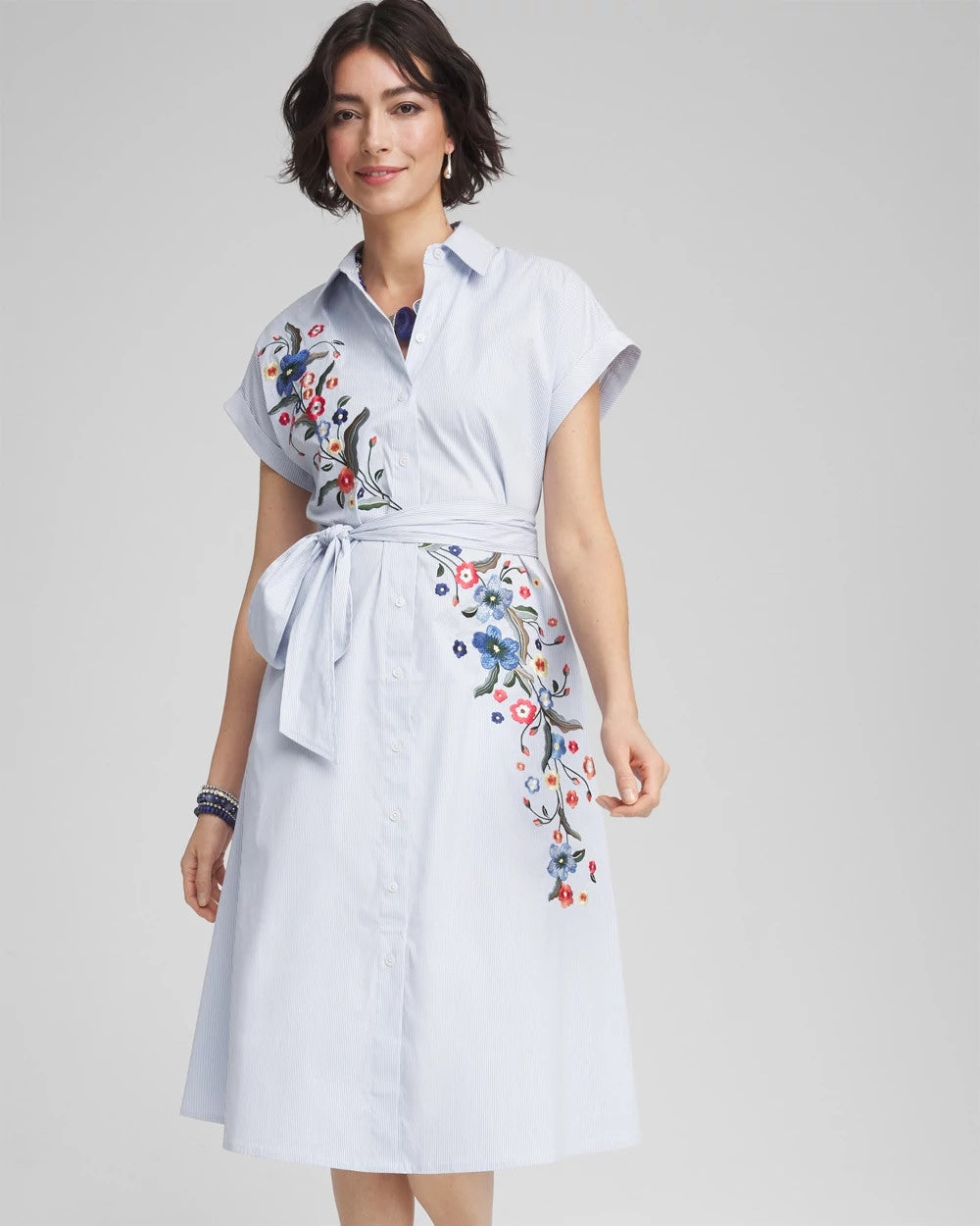 Chico's - Striped Embroidered Poplin Midi Shirtdress