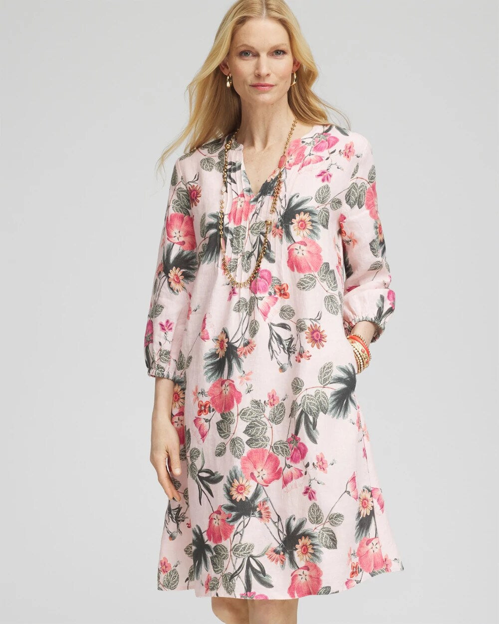 Chico's - Floral Linen Pintuck 3/4 Sleeved Dress