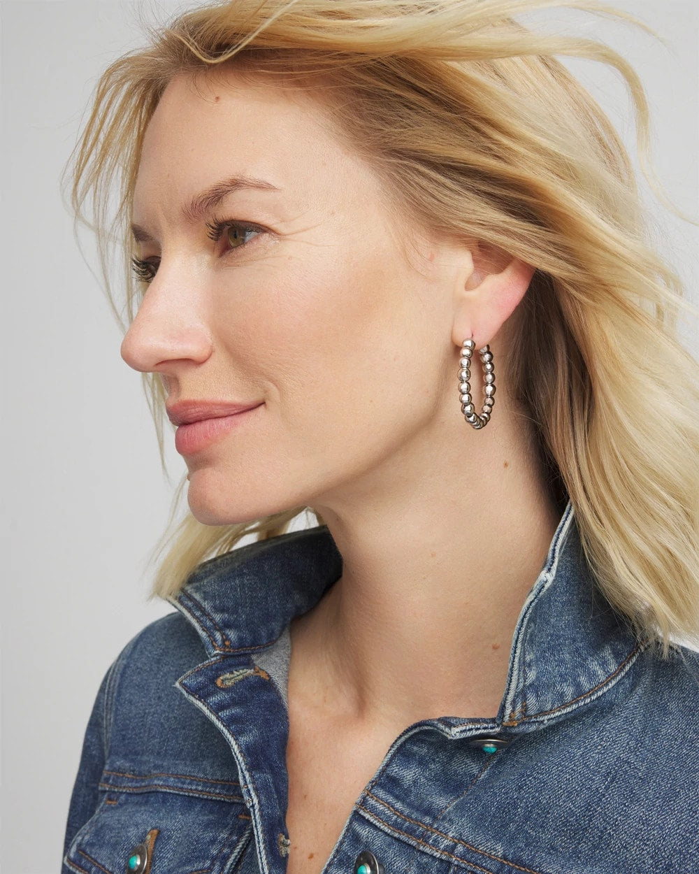 Chico's - Silvertone Beaded Hoop Earrings