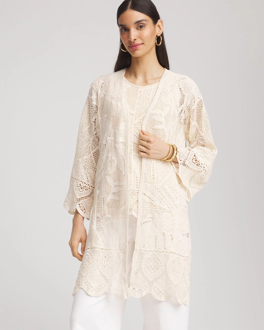 Chico's - Cutwork Crochet-Lace Long Kimono