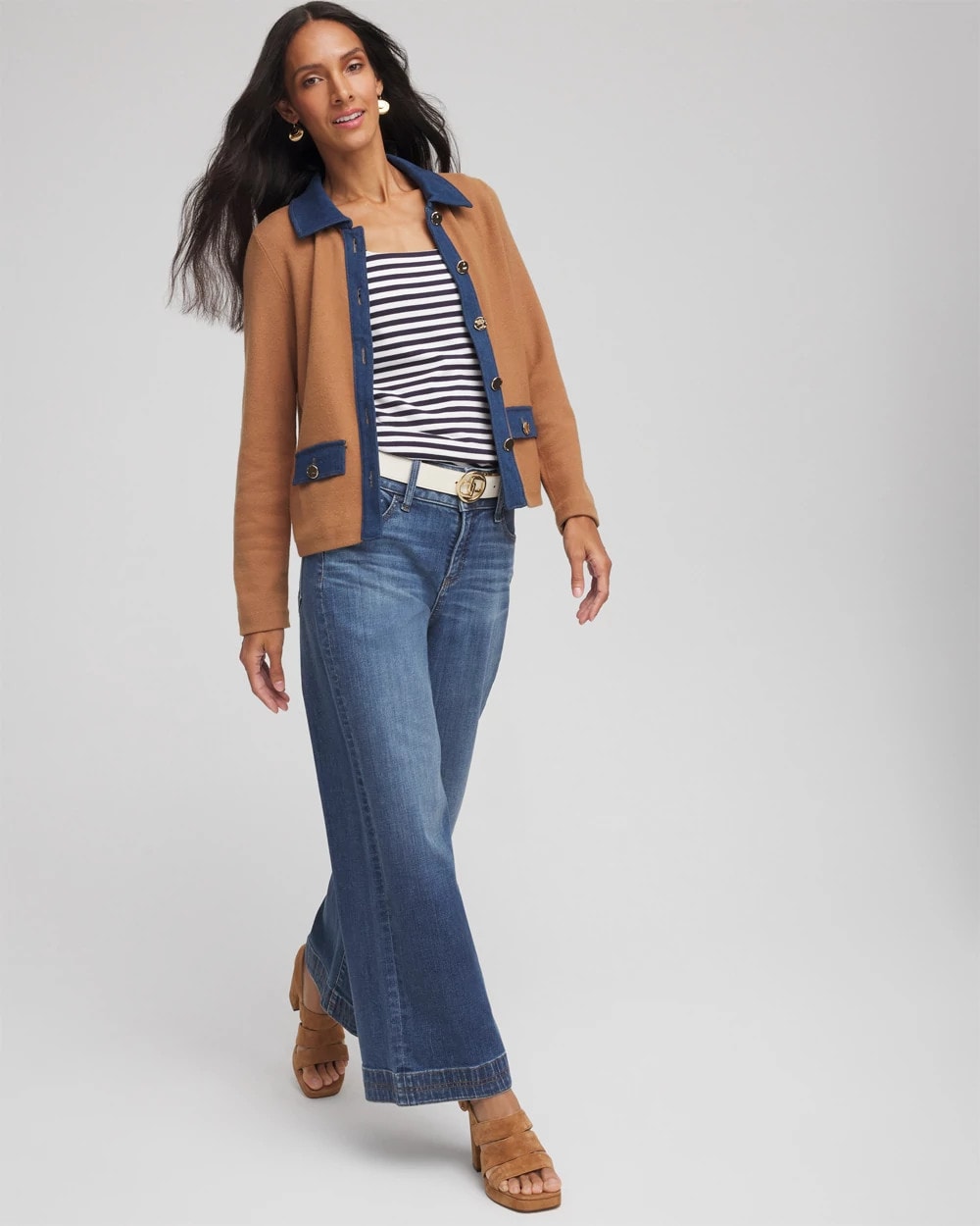 Chico's - Collared Denim Trim Cardigan
