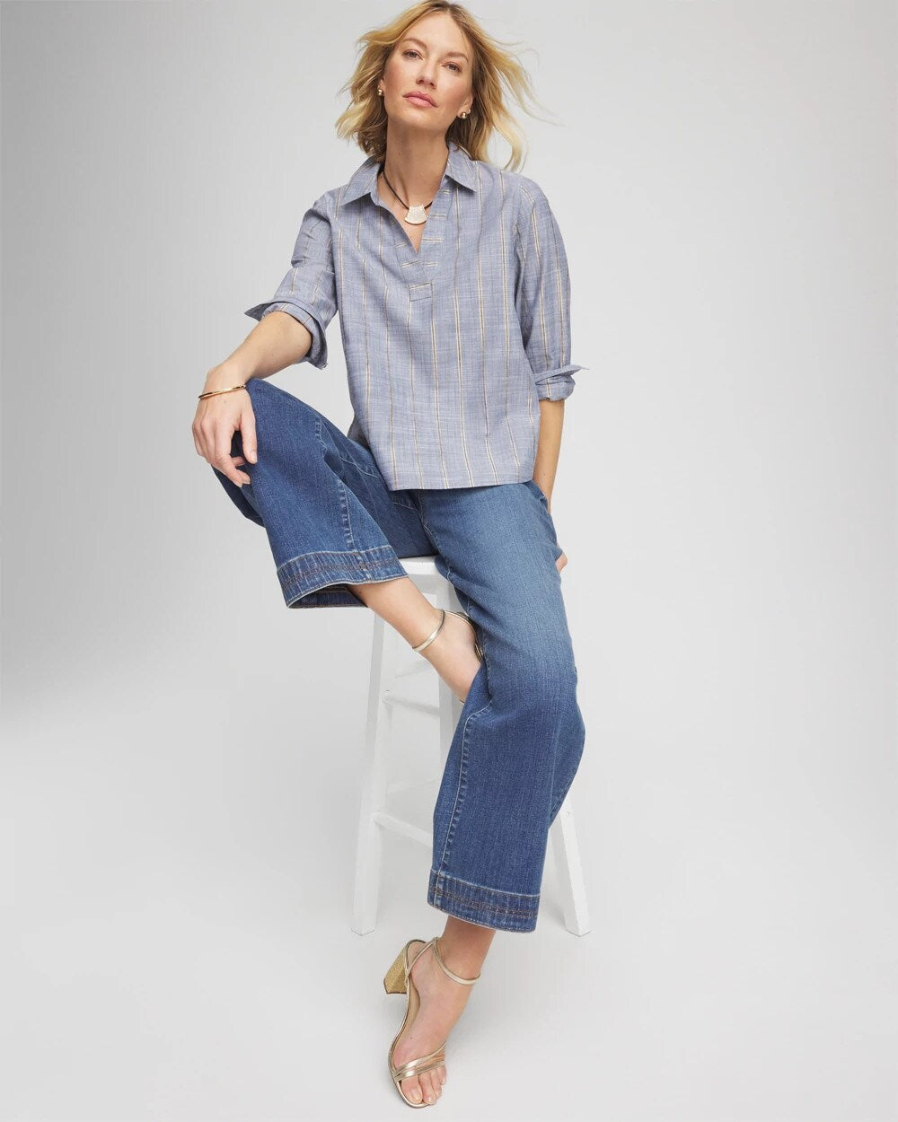 Chico's - Striped Soft Denim Popover