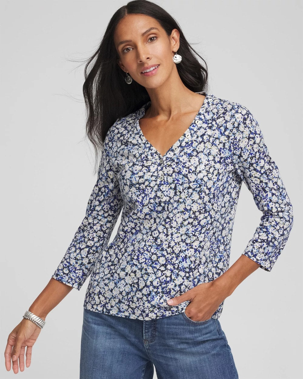 Chico's - Printed Slub Splitneck Button Tee