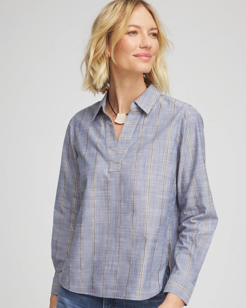 Chico's - Striped Soft Denim Popover