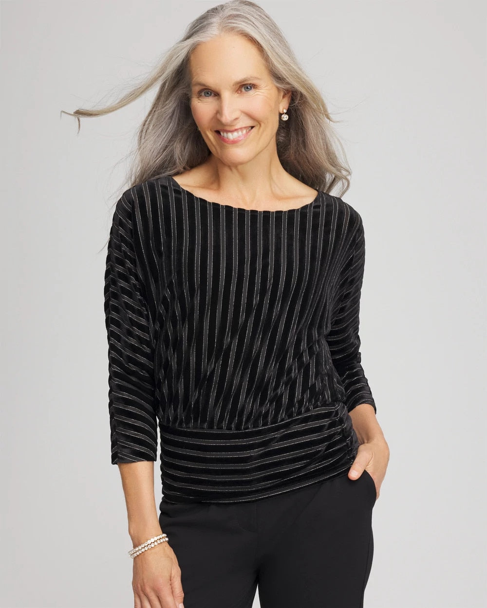 Chico's - Velvet Burnout Stripe Banded-Bottom Top