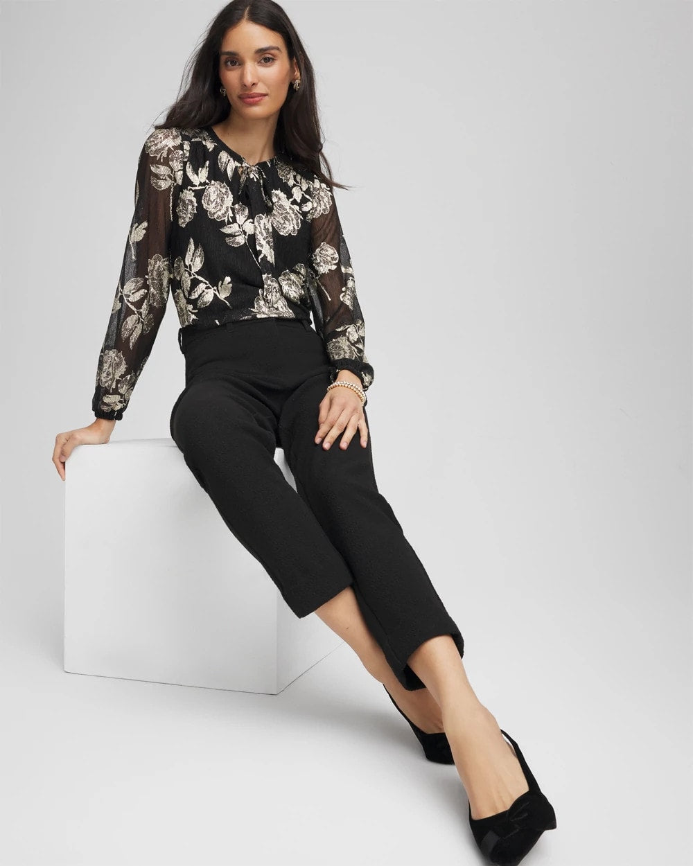 Chico's - Floral Metallic Bodre Top