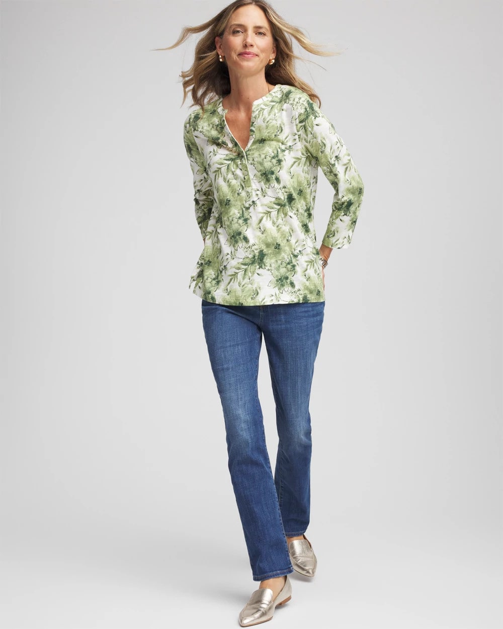Chico's - Printed Slub Splitneck Henley Tee
