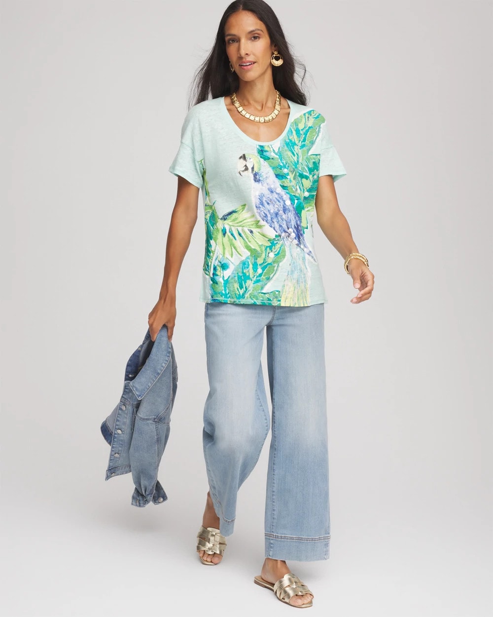 Chico's - Linen Embellished Parrot Easy Tee