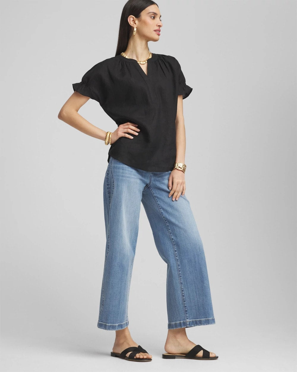 Chico's - Linen Flutter-Sleeve Popover Top