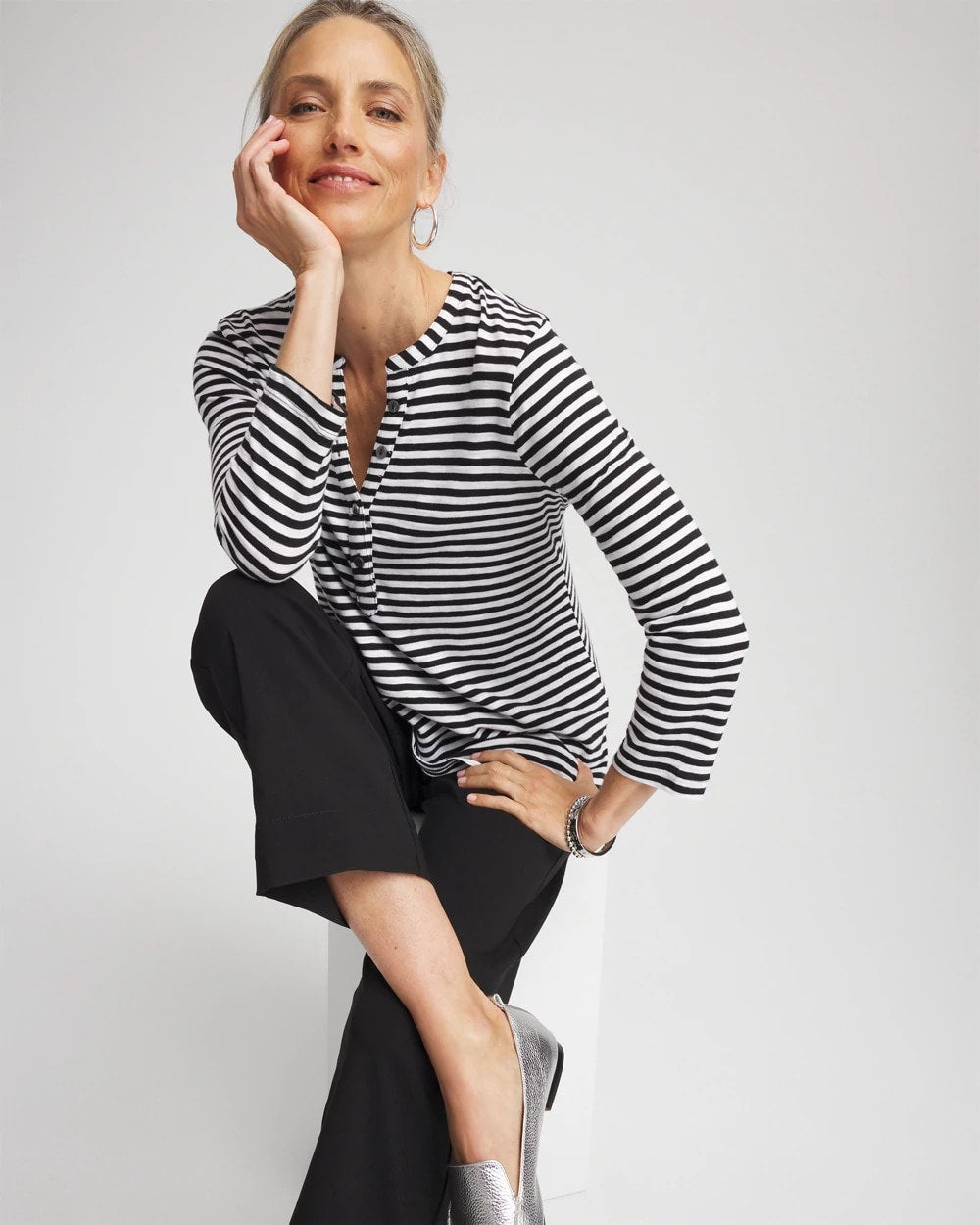 Chico's - Striped Slub Splitneck Henley Tee