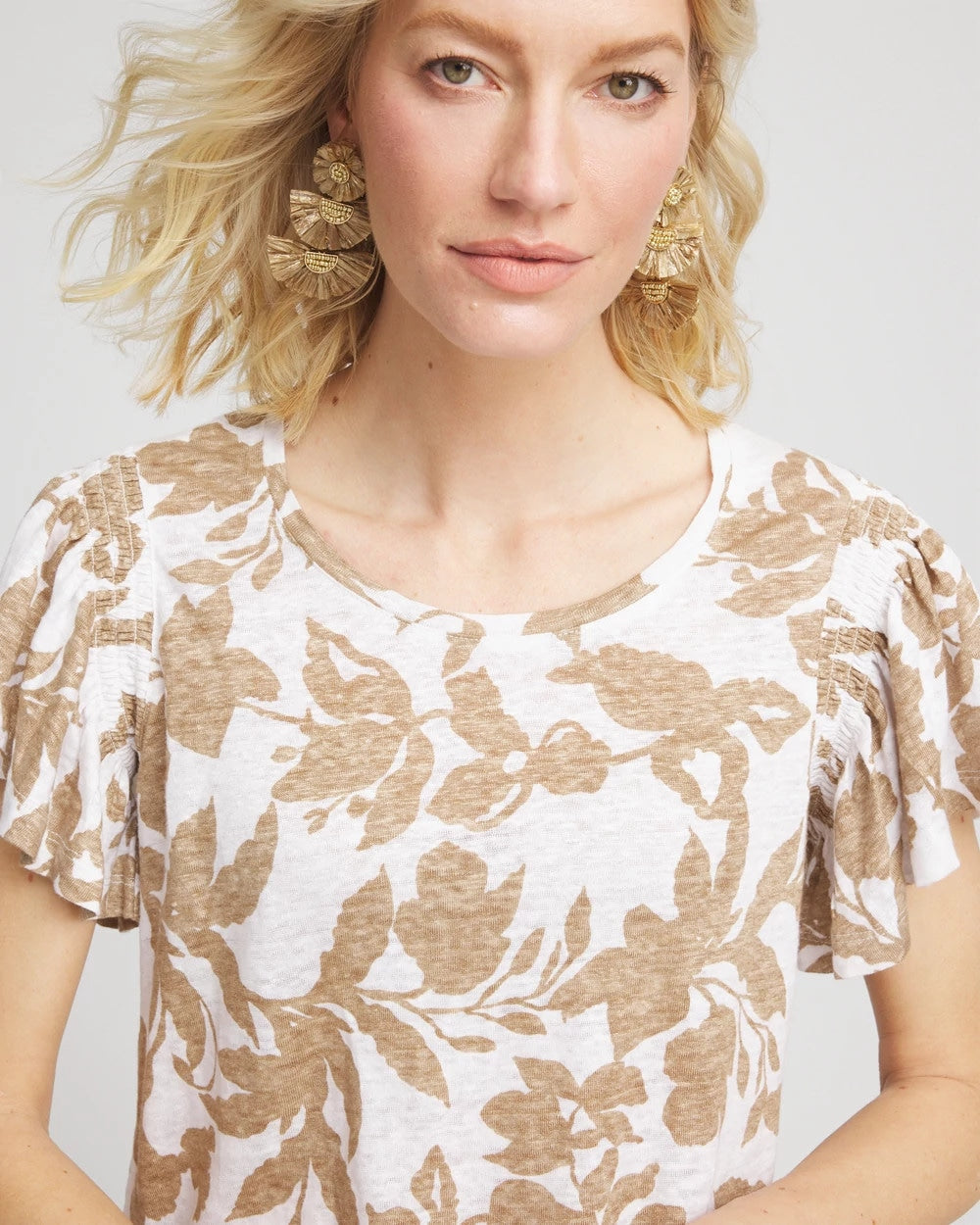 Chico's - Linen Leaf Print Flutter Sleeve Tee
