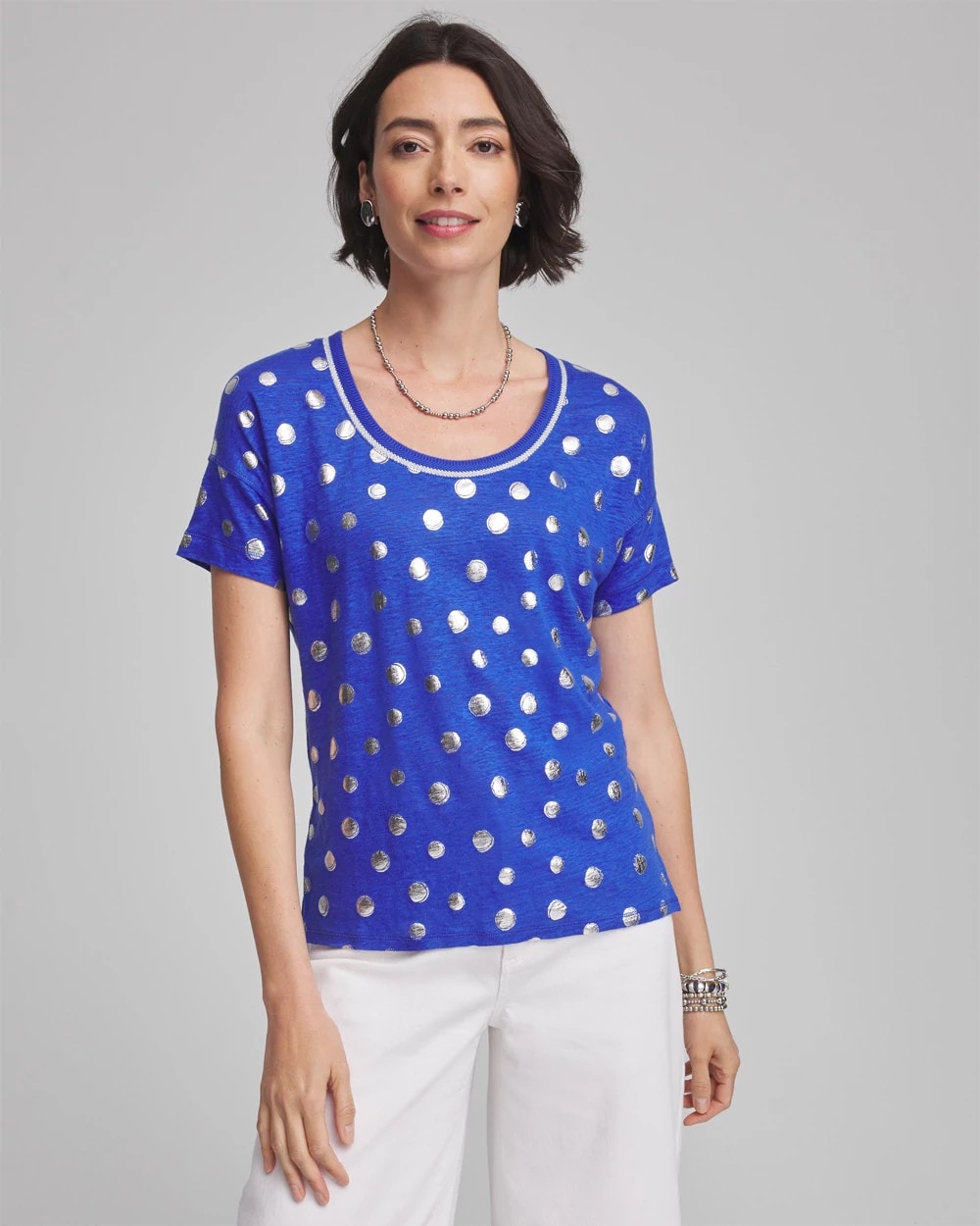 Chico's - Foiled Polka-Dot Sweater-Trim Linen Tee