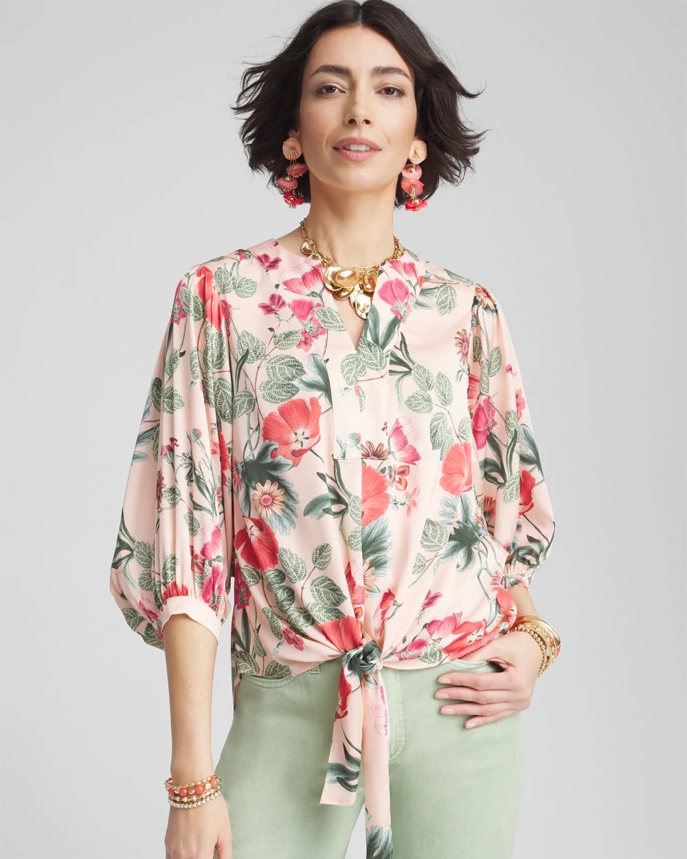 Chico's - Floral Satin Tie-Front Pullover Top