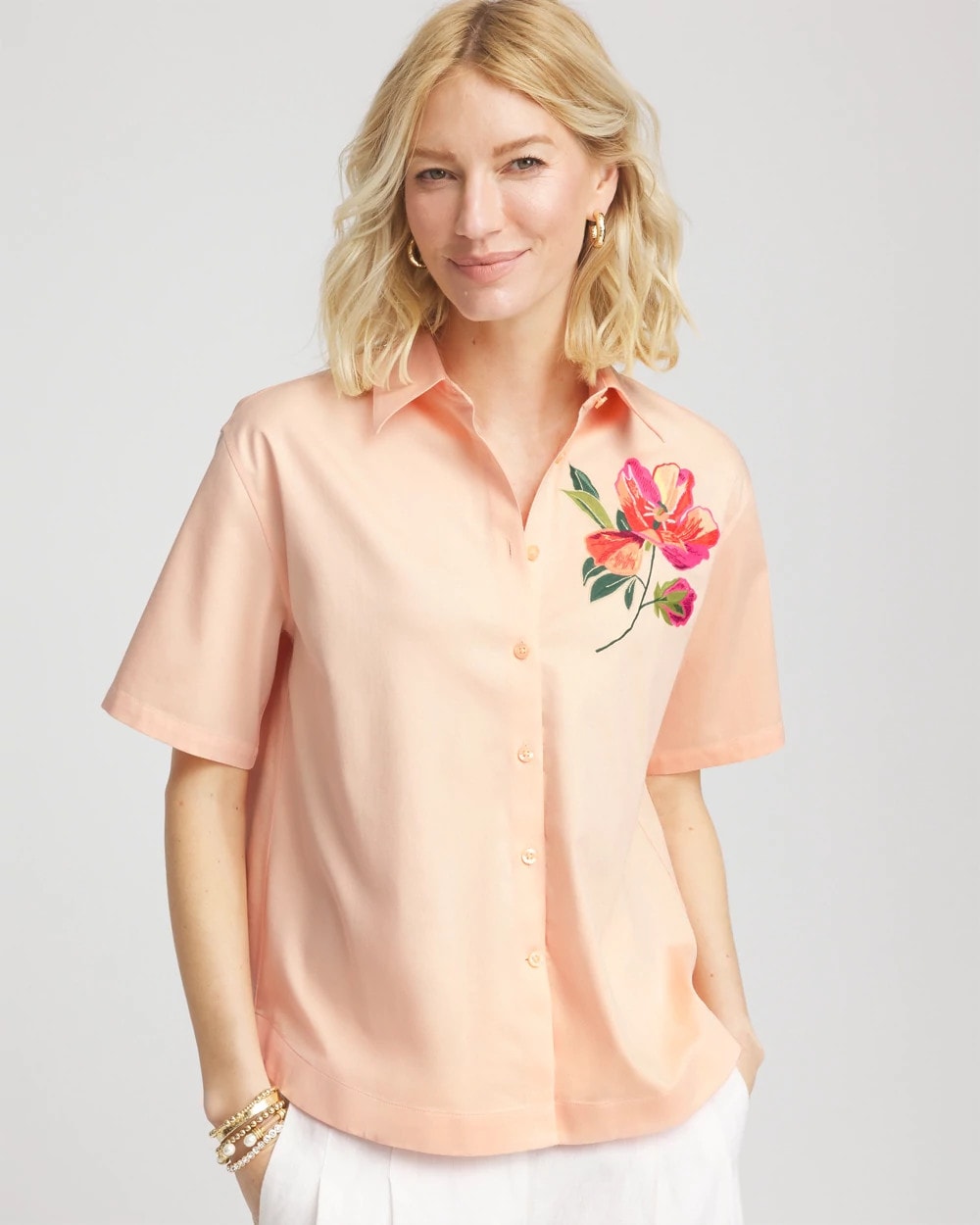 Chico's - No Iron™ Embroidered Floral Short-Sleeve Shirt