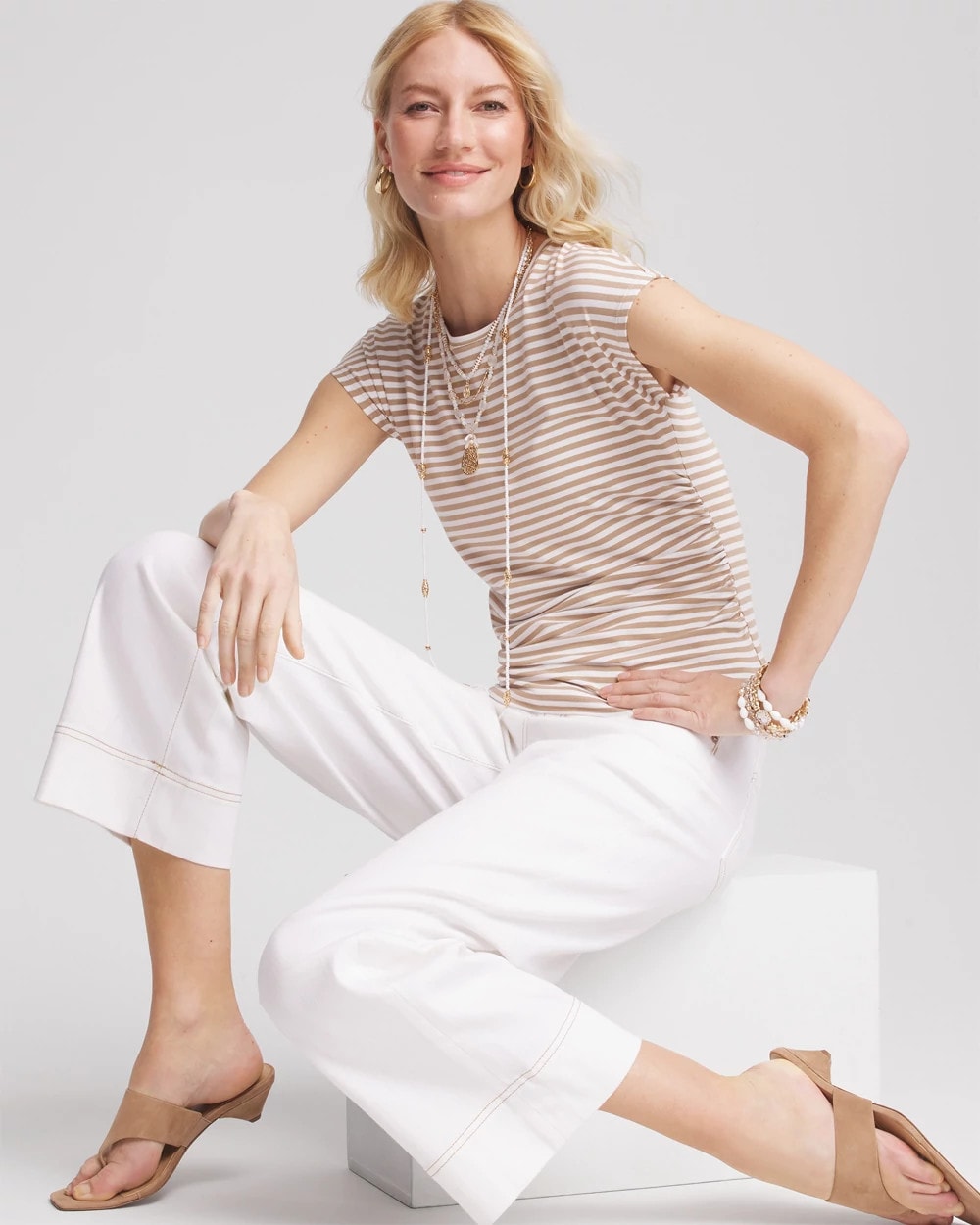 Chico's - Neutral Striped Cap Sleeve Dolman Tee