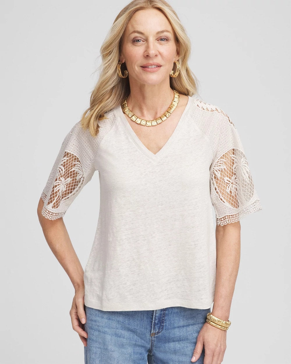 Chico's - Linen Crochet Lace Short Sleeve Tee