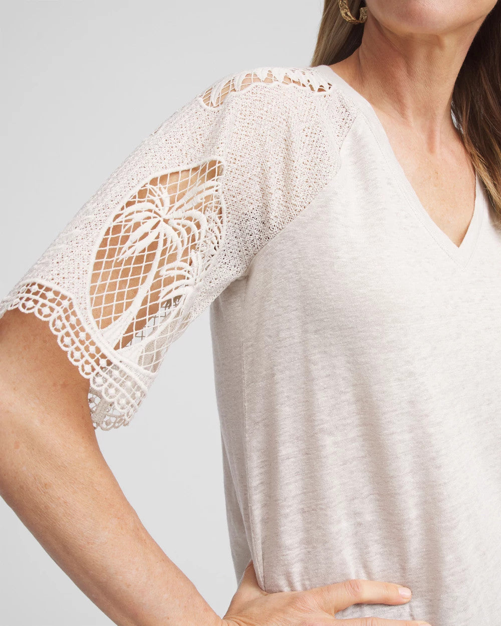 Chico's - Linen Crochet Lace Short Sleeve Tee