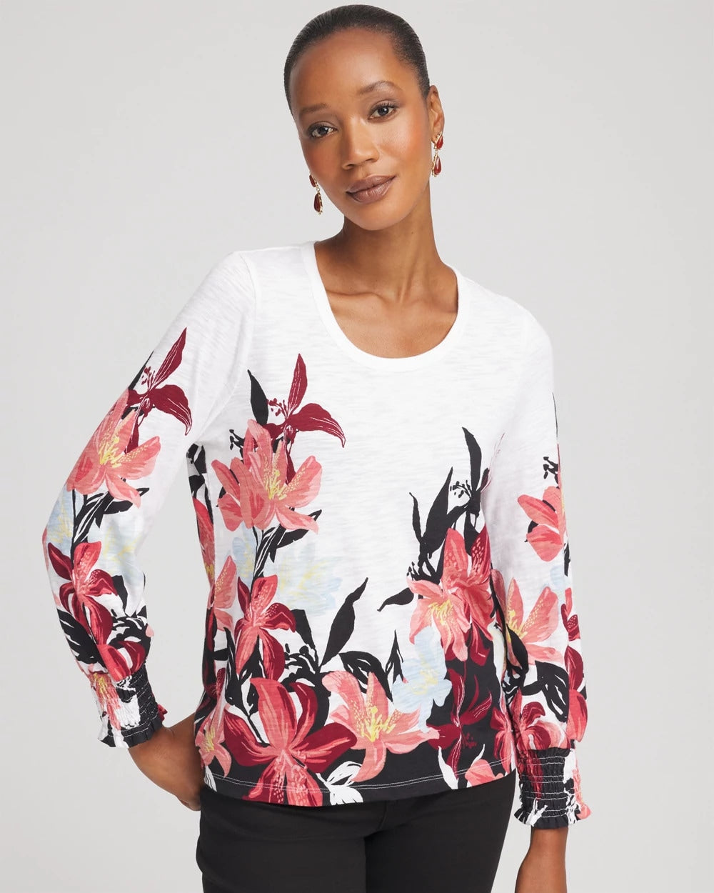 Chico's - Floral-Motif Smocked Cotton-Slub Tee