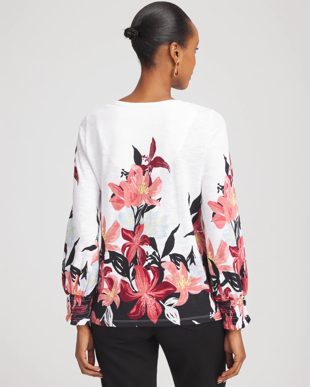 Chico's - Floral-Motif Smocked Cotton-Slub Tee