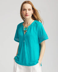 Chico's - Linen Lace-Cutwork Sleeve Henley Tee
