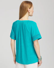 Chico's - Linen Lace-Cutwork Sleeve Henley Tee