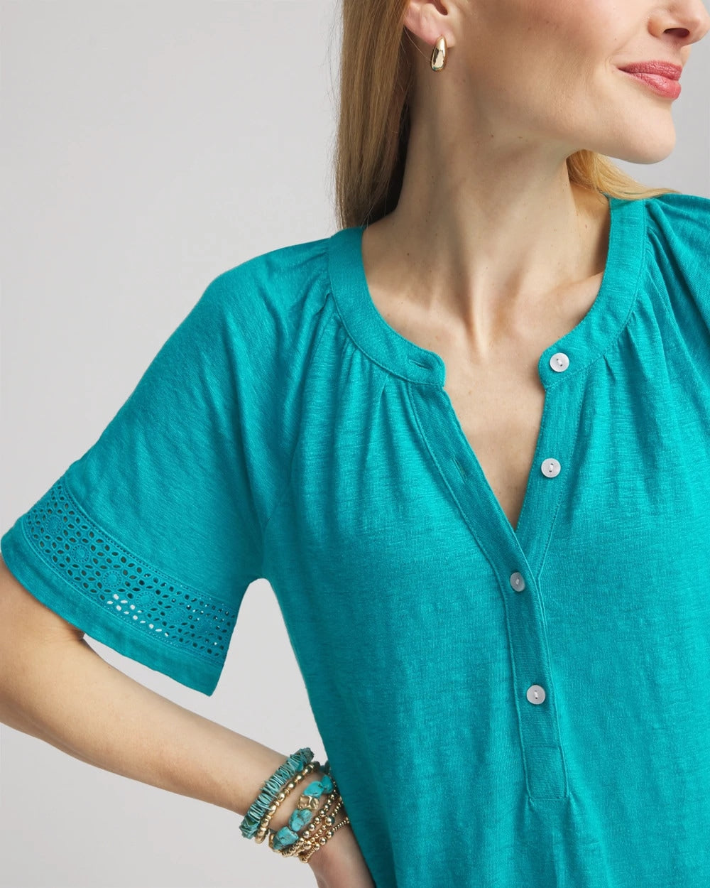 Chico's - Linen Lace-Cutwork Sleeve Henley Tee