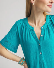 Chico's - Linen Lace-Cutwork Sleeve Henley Tee