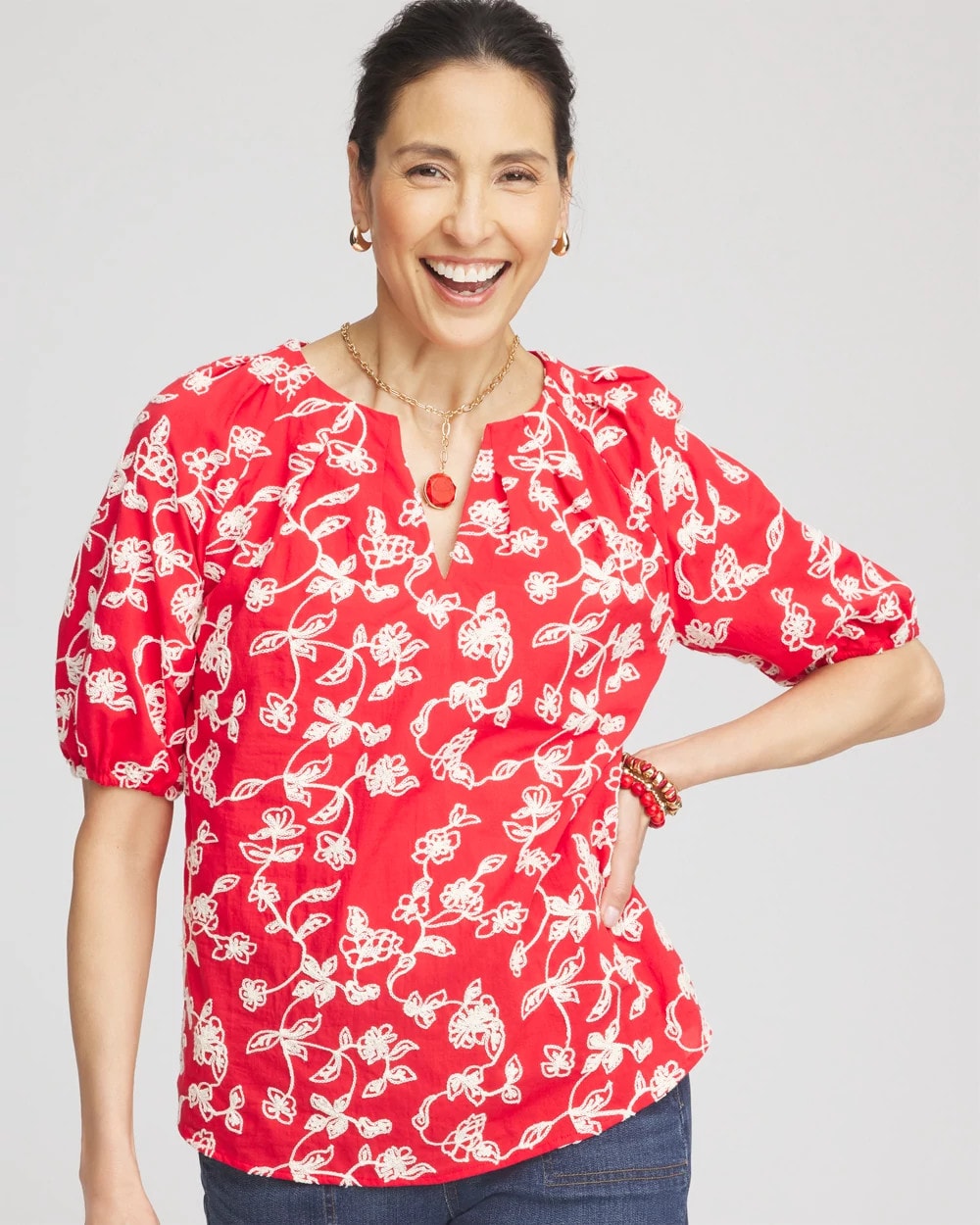 Chico's - Floral Embroidered Cotton Peasant Blouse