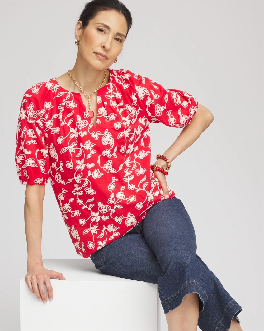 Chico's - Floral Embroidered Cotton Peasant Blouse