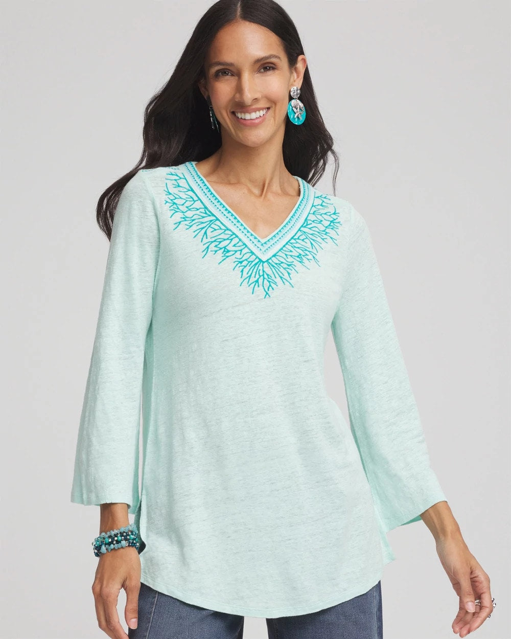 Chico's - Linen Embroidered V-Neck Tunic