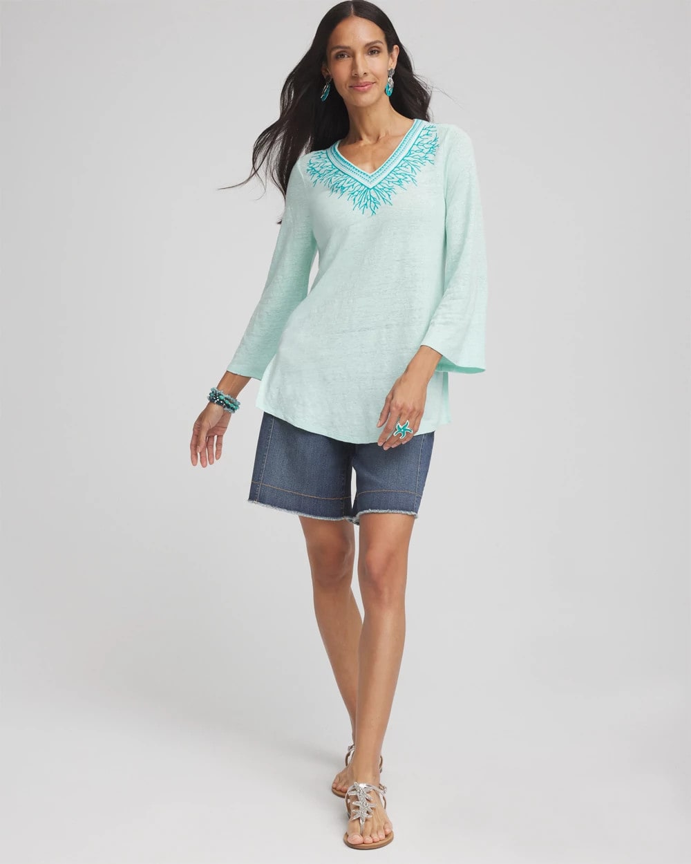 Chico's - Linen Embroidered V-Neck Tunic