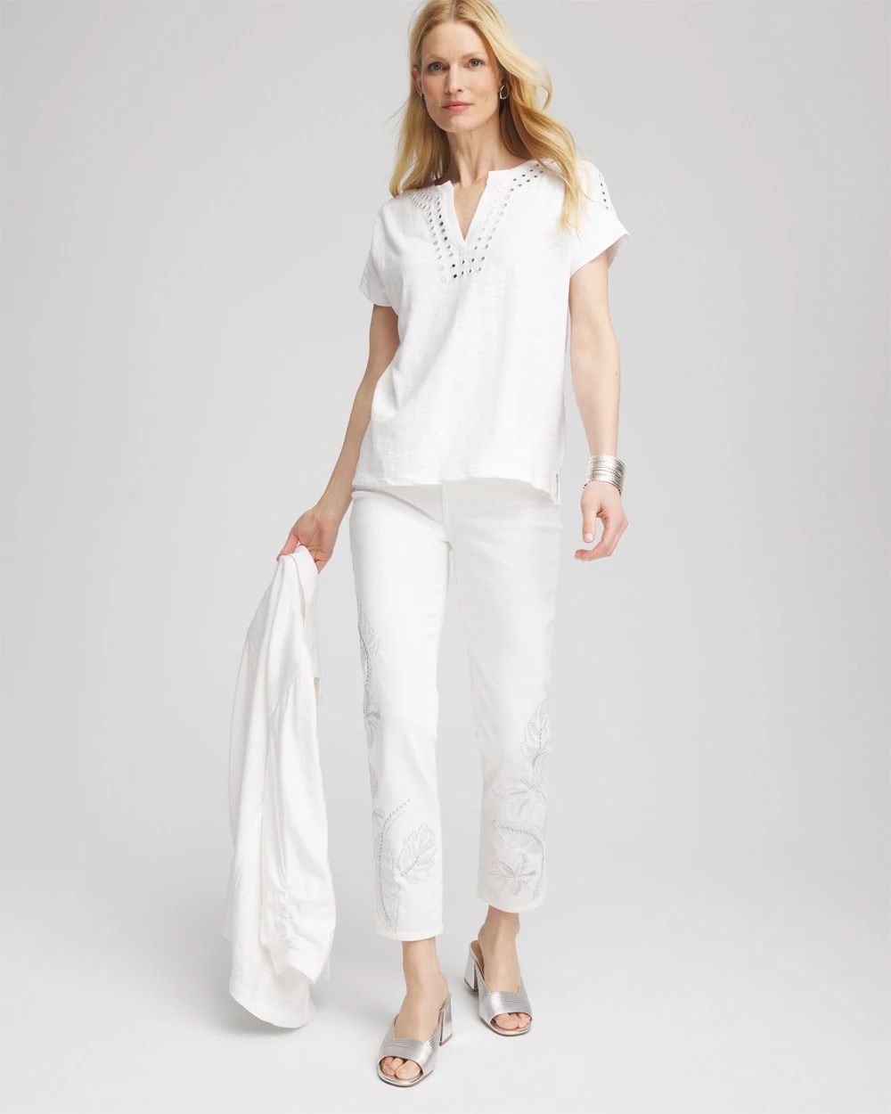 Chico's - Paillette Trim Cotton Slub Tee